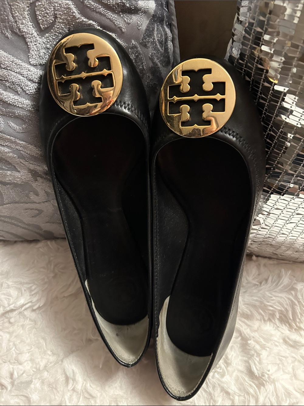 Tory Burch Black Leather Ballet Flats with Gold Logo Medallion